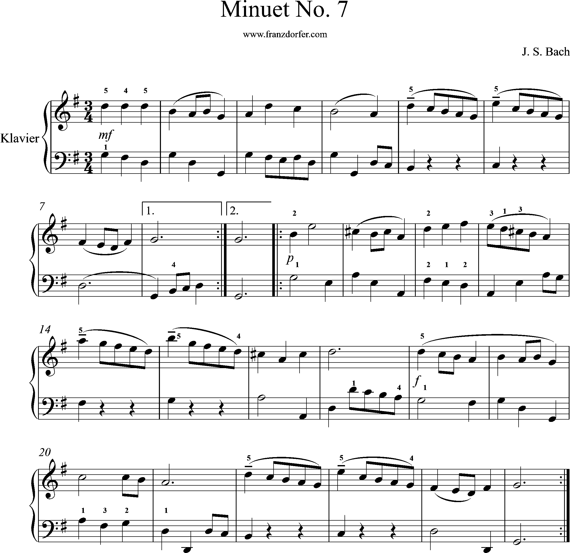 piano sheetmusic, Bach, Minuet No 7, G-Major